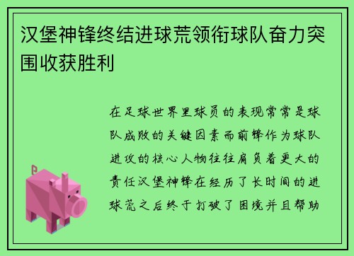汉堡神锋终结进球荒领衔球队奋力突围收获胜利