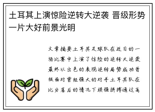 土耳其上演惊险逆转大逆袭 晋级形势一片大好前景光明
