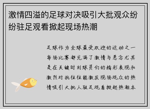 激情四溢的足球对决吸引大批观众纷纷驻足观看掀起现场热潮